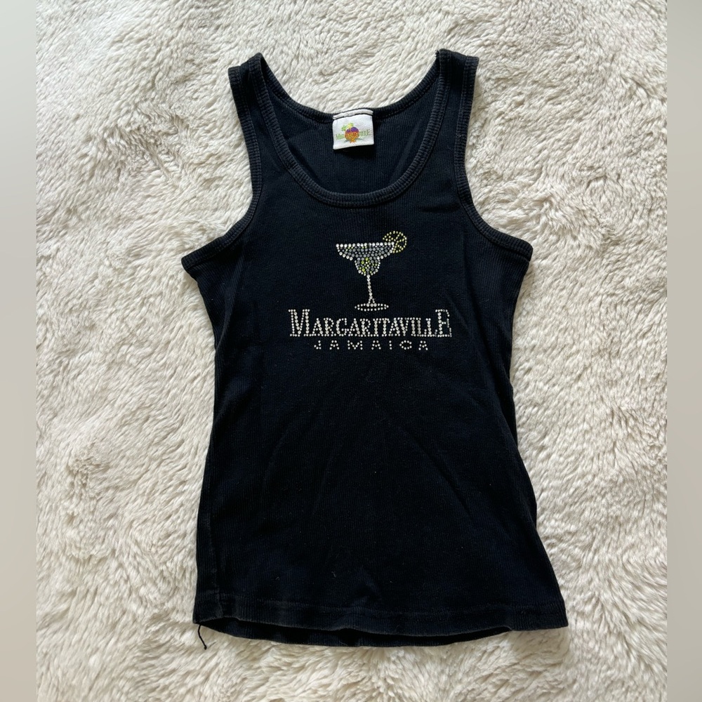 VTG Margaritaville Jamaica Black Rhinestone Ribbed Tank Top